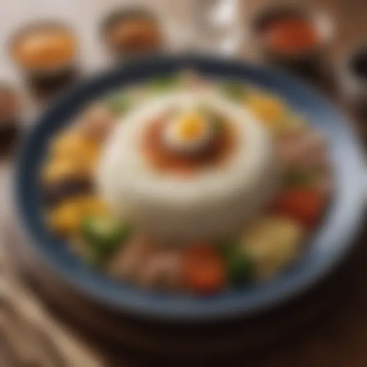 An elegant plate of gourmet rice with a variety of sauces and toppings
