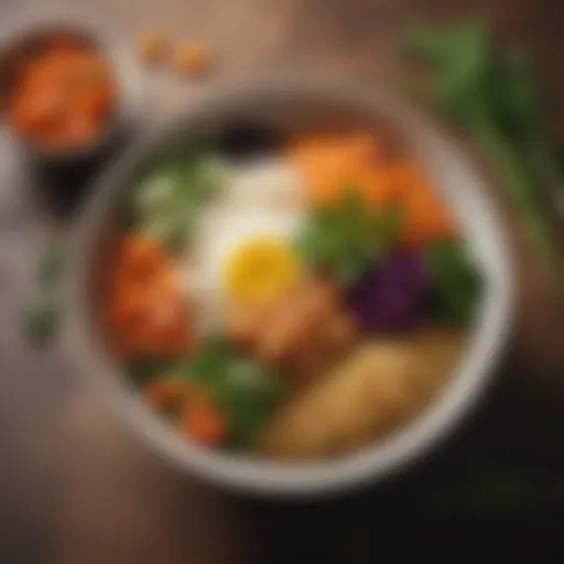 A colorful bowl of rice mixed with vibrant vegetables and herbs