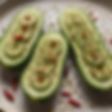 A close-up of smashed cucumbers garnished with sesame seeds and chilies