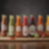 A variety of Hello Fresh sauces displayed in decorative bottles.