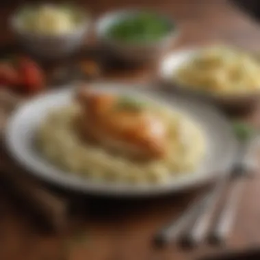 A modern twist on traditional chicken and mashed potatoes featuring vibrant garnishes