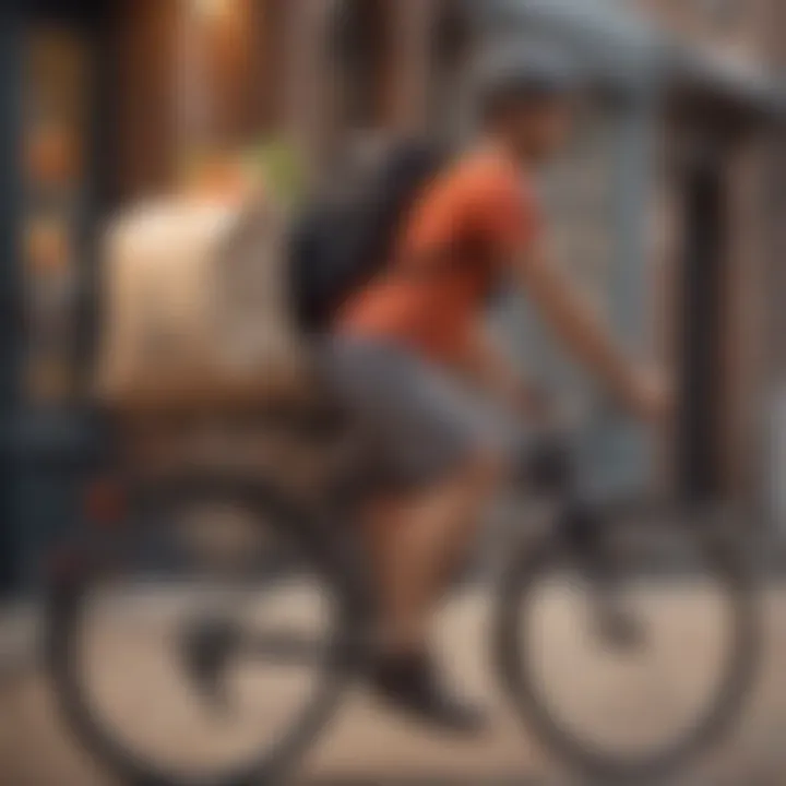 A delivery person on a bicycle with a food delivery bag.