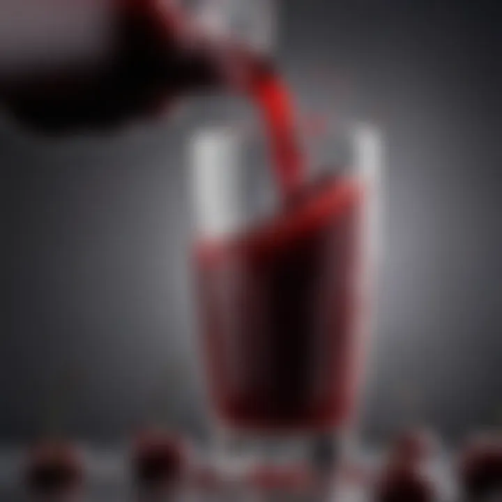 A close-up of dark red cherry juice being poured into a glass, showcasing its rich color