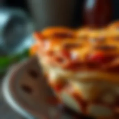 A close-up of a delicious deep dish pasta bowl showcasing layers