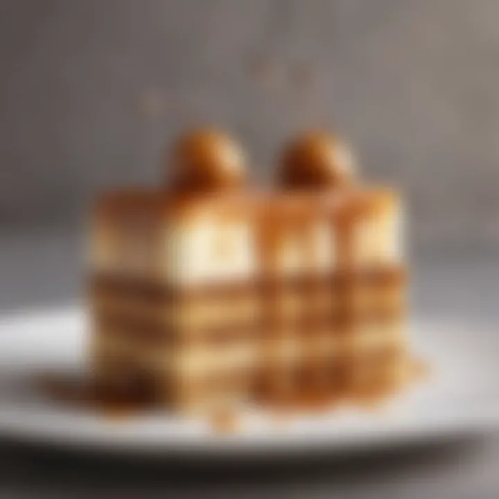 A beautifully plated slice of seven-layer caramel cake adorned with a drizzle of caramel sauce and decorative elements.