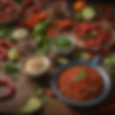 A close-up of fresh ingredients commonly used in Mexican recipes, such as chilies, spices, and herbs
