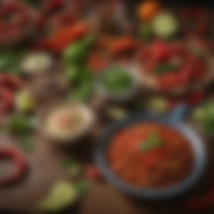 A close-up of fresh ingredients commonly used in Mexican recipes, such as chilies, spices, and herbs