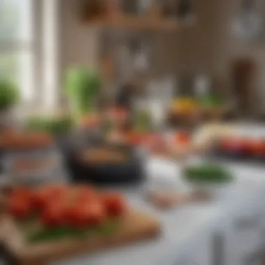 A chef’s workspace filled with various meal prep tools and fresh ingredients, ready for a keto culinary experience.