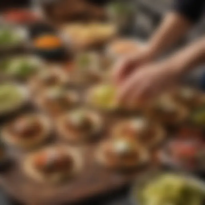 A cook's hand arranging toppings on a taco in a stylish kitchen