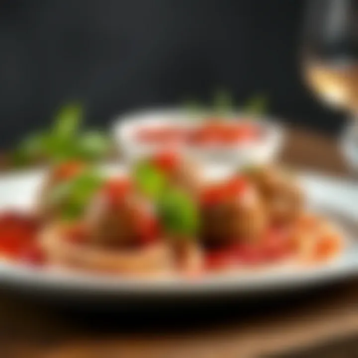 An elegant plate of Italian meatballs garnished with basil and a rich tomato sauce.