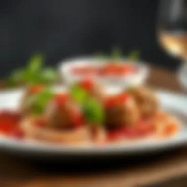Elegant Plating of Meatballs An elegant plate of Italian meatballs garnished with basil and a rich tomato sauce.