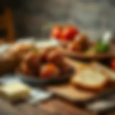 A traditional table setting featuring Italian meatballs alongside freshly baked bread and cheese.