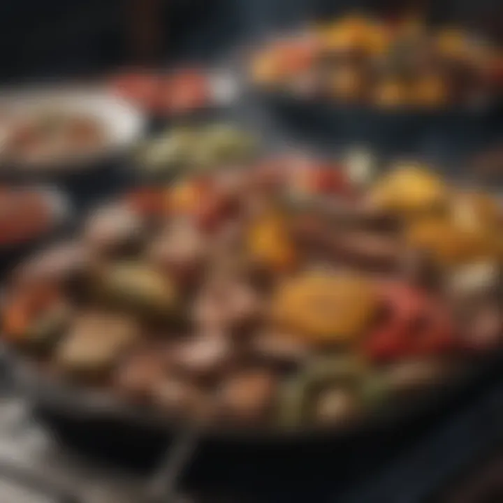 An array of grilled vegetables and meats arranged artistically on a platter