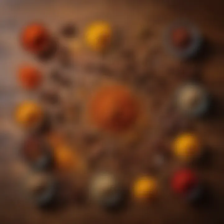 A vibrant array of spices including paprika, cumin, and turmeric laid out on a wooden surface.