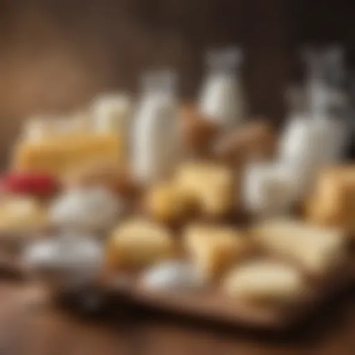 An assortment of dairy products on a wooden table, showcasing milk, cheese, and yogurt.