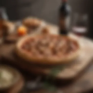 Dining Experience with French Roll Pizza A rustic dining setup featuring French roll pizza with wine pairing