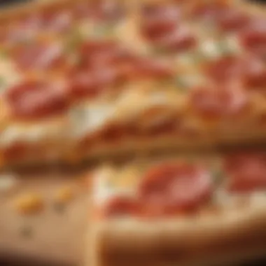 A close-up shot of a slice of French roll pizza revealing its layered ingredients