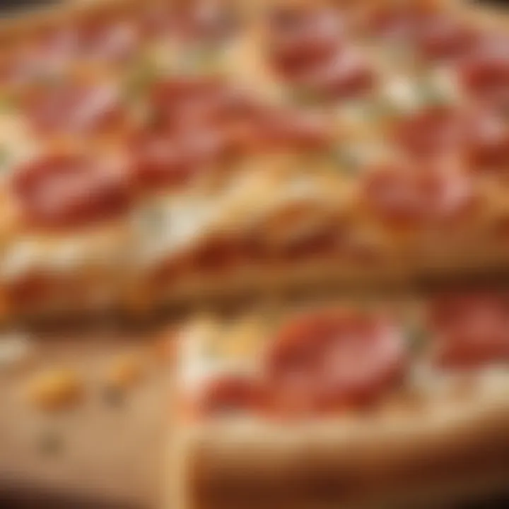 A close-up shot of a slice of French roll pizza revealing its layered ingredients