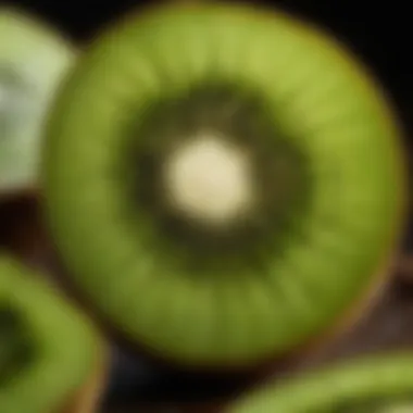 A close-up view of a sliced kiwi showcasing its rich texture and color.