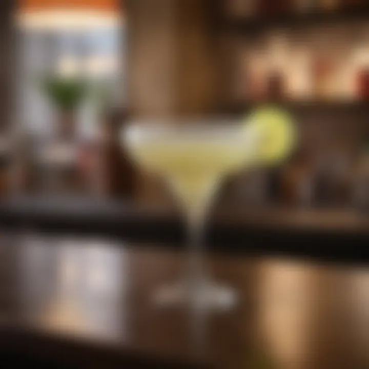 Elegant glass filled with a classic margarita on a bar counter