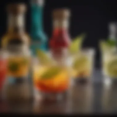 Selection of tequila shots with vibrant colors and unique garnishes