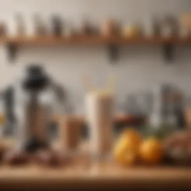 An array of kitchen tools and ingredients ready for shake preparation