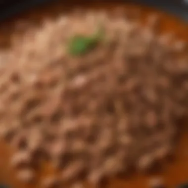 A close-up shot of ground turkey being mixed with spices