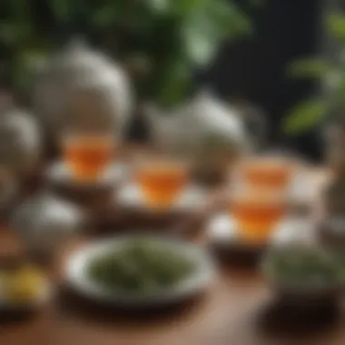 An elegant tea set arranged with various green teas and traditional utensils