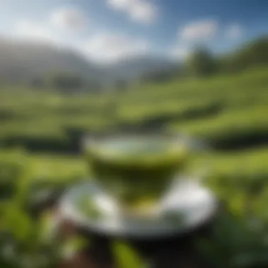 A lush green tea plantation under a clear blue sky, representing authentic sourcing