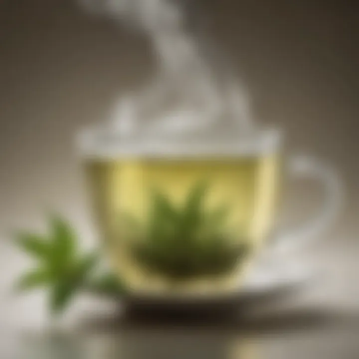 A close-up of a steaming cup of green tea with delicate tea leaves on the side