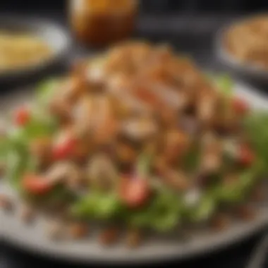 Spicy chicken salad garnished with nuts and a zesty dressing