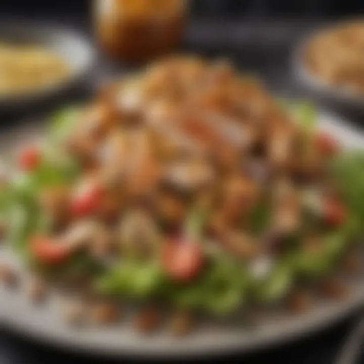 Spicy chicken salad garnished with nuts and a zesty dressing