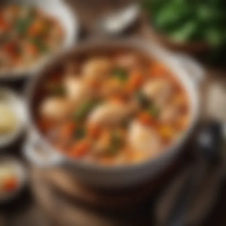 A bowl of chicken stew featuring rich broth and assorted vegetables