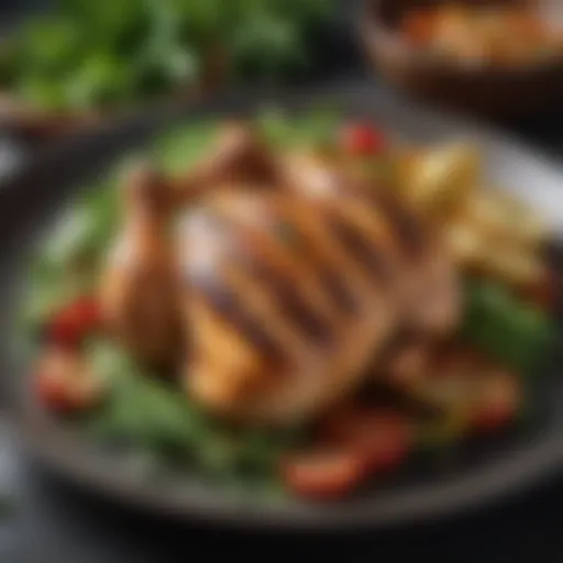Grilled chicken served on a vibrant plate with fresh herbs and vegetables