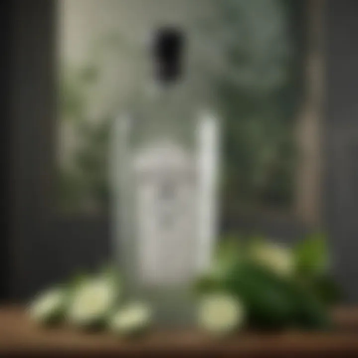 A close-up view of Hendrick's Gin bottle with cucumber and botanicals surrounding it