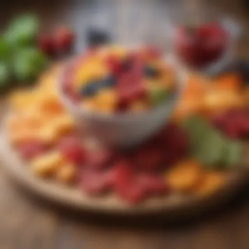 Colorful assortment of high protein fruit snacks on a wooden table