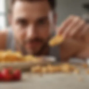 A satisfied individual enjoying a high protein snack during a workout break.