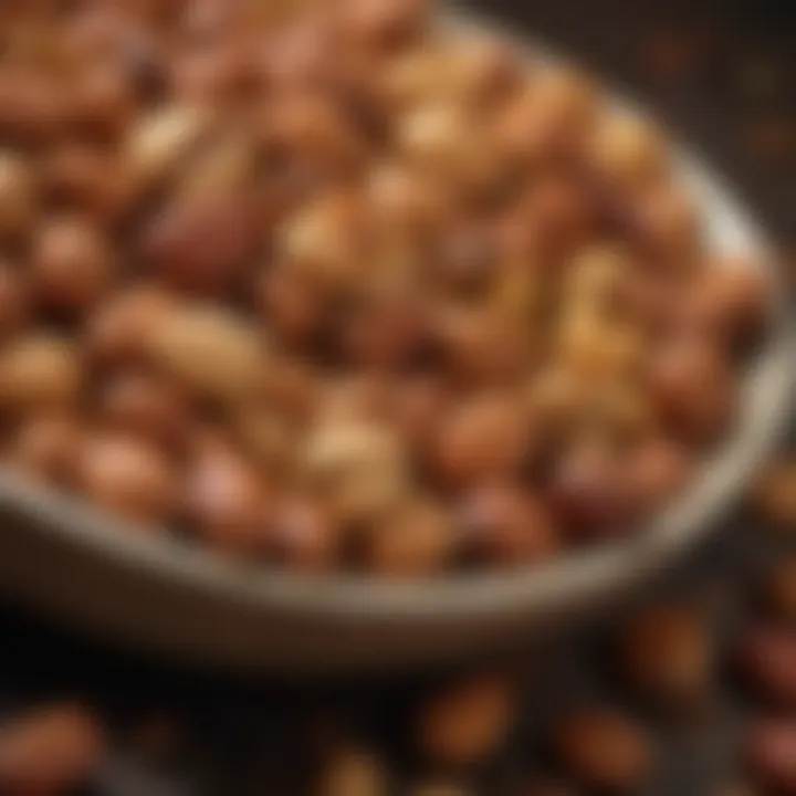 A close-up of freshly roasted nuts with spices, highlighting their texture and color.