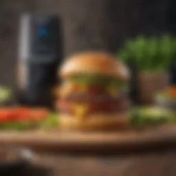 A gourmet air fryer burger topped with fresh vegetables