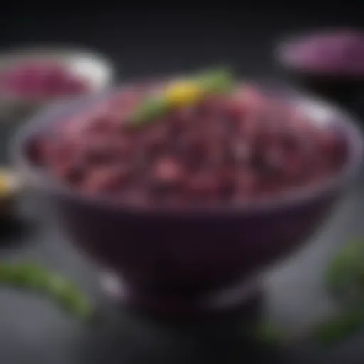 A vibrant bowl of Kares purple rice showcasing its rich color and texture.