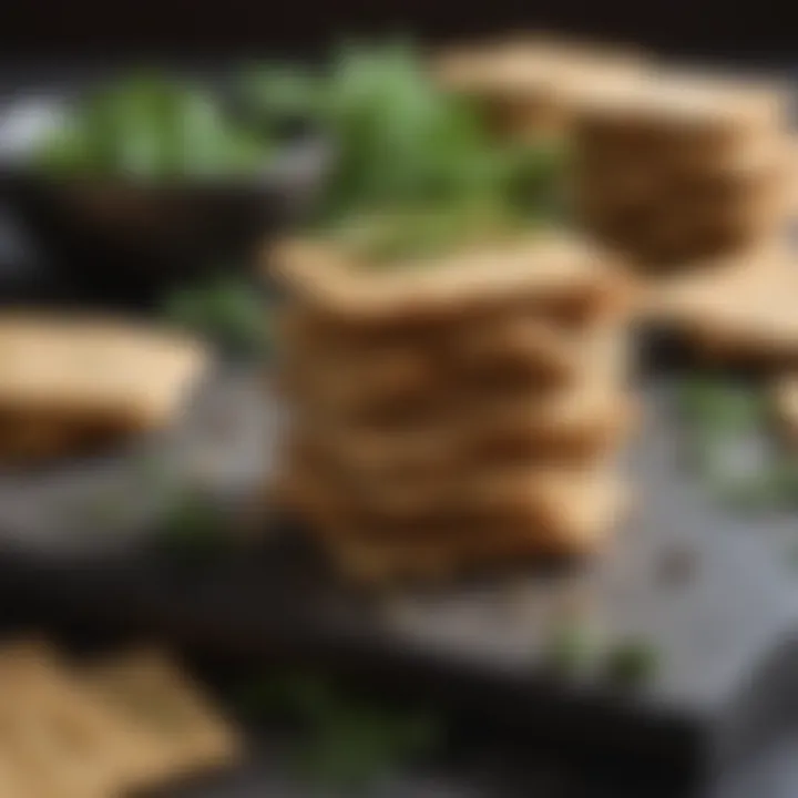 An elegant setup featuring homemade keto crackers next to fresh herbs.