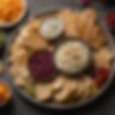 A beautifully arranged platter of various keto crackers with dips.