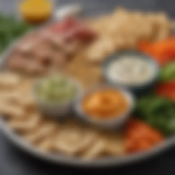 A platter featuring keto crackers with dips and vegetables