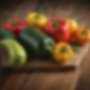 Zucchini and Bell Peppers Freshly harvested zucchini and bell peppers on a rustic wooden table.