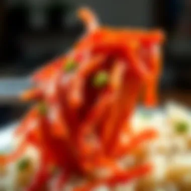 A close-up of spicy kimchi, the star ingredient of the dish