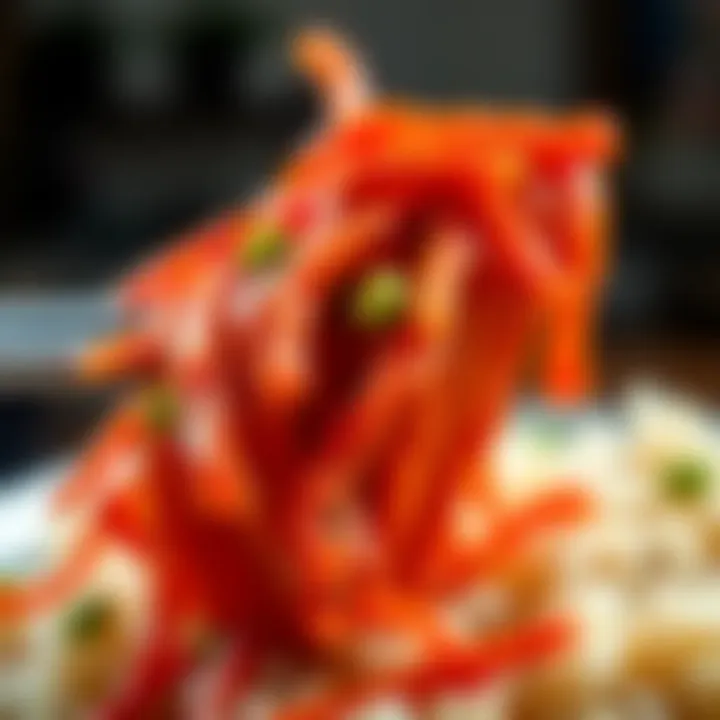 A close-up of spicy kimchi, the star ingredient of the dish