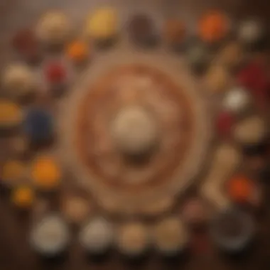 An assortment of dry foods arranged artfully on a wooden table