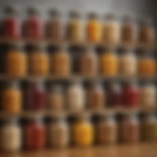 A variety of long lasting dry foods displayed in glass jars