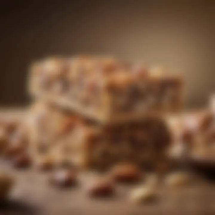 A close-up of a homemade low-carb bar with nuts and seeds, highlighting its texture and rich ingredients.