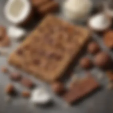 A creative layout of low-carb ingredients used in making bars, including coconut, cocoa, and natural sweeteners.